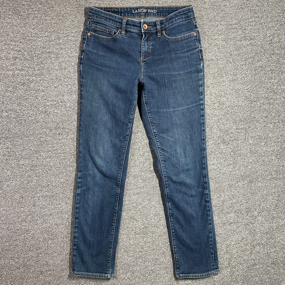 Lands End Womens Mid Rise Slim Jeans Size 2 RN Dark Indigo Blue Denim